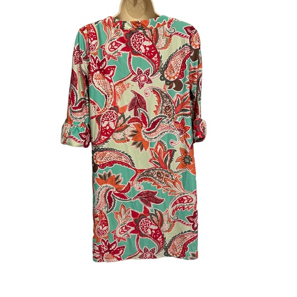 Aryeh Red Green Floral Mosaic Ruffle Bell Sleeve Sheath Scuba Dress Medium - Picture 2 of 11